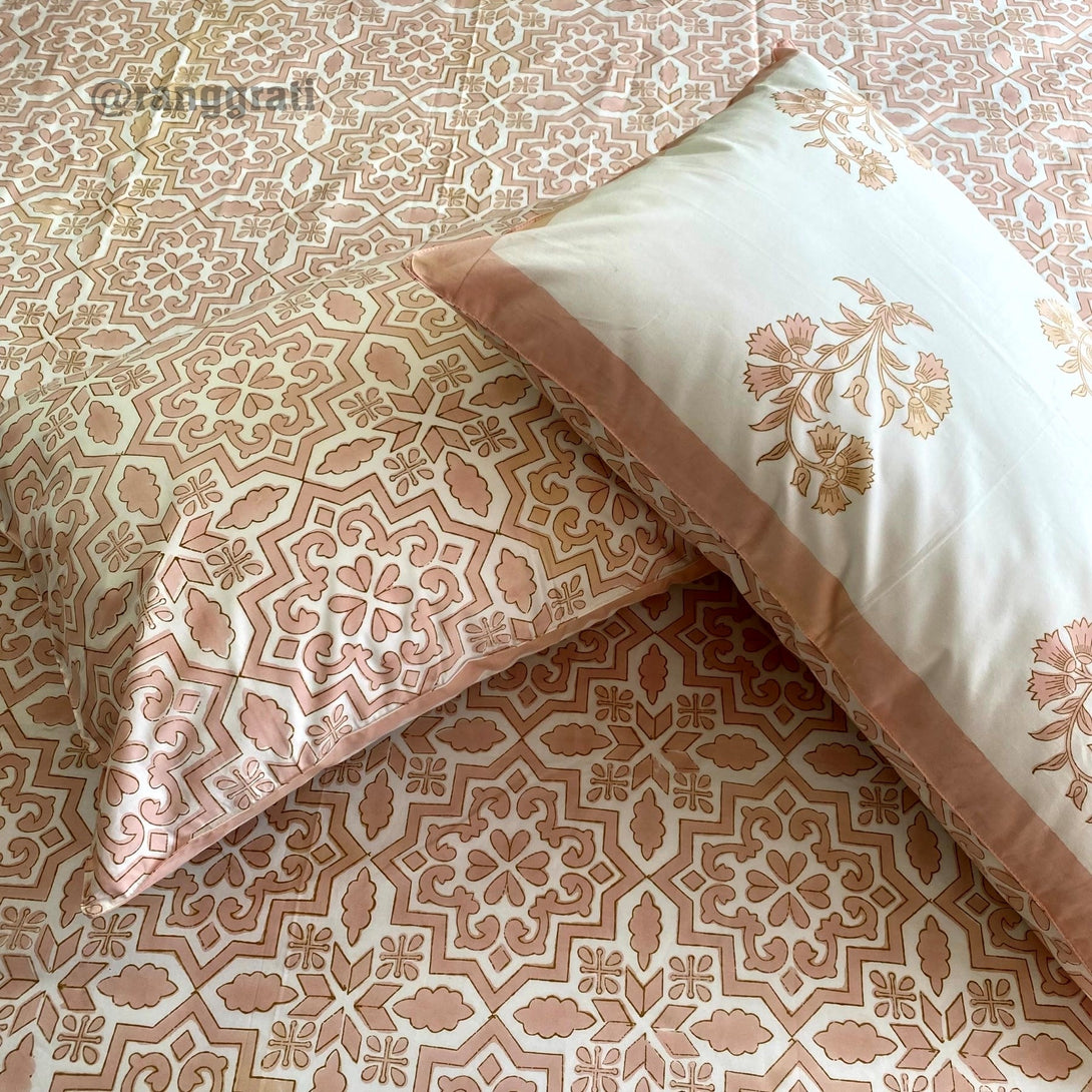 Peach Geometric Super King Size 250 TC Bedsheet Cotton Hand Block - Bedsheet