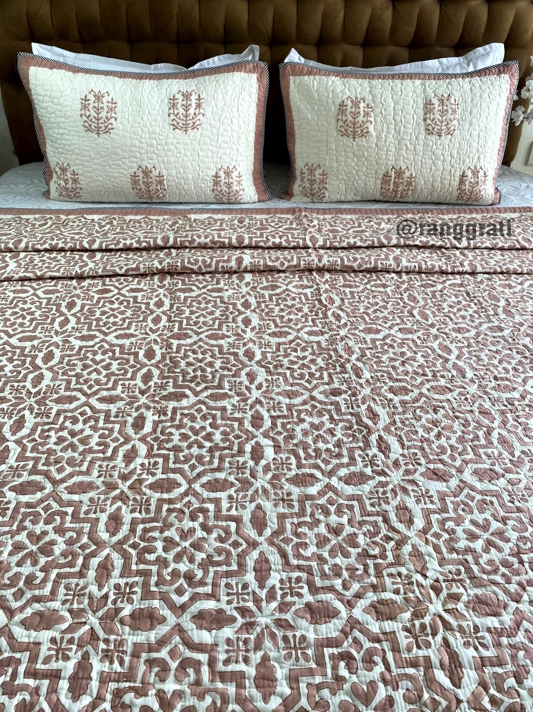 Peach Geometric Quilted Bedcover Super King 108 X 108