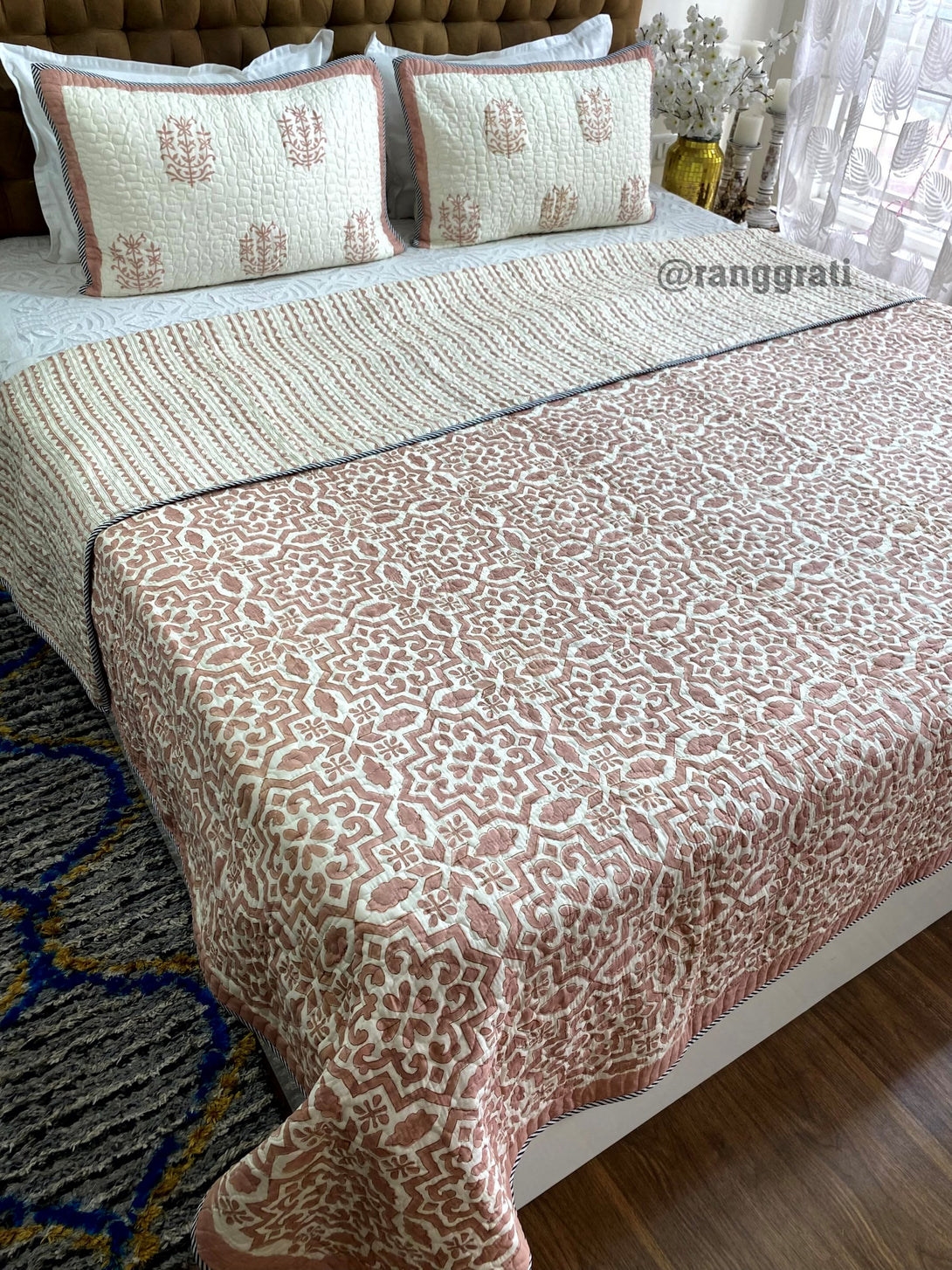 Peach Geometric Quilted Bedcover Super King 108 X 108 Reversible