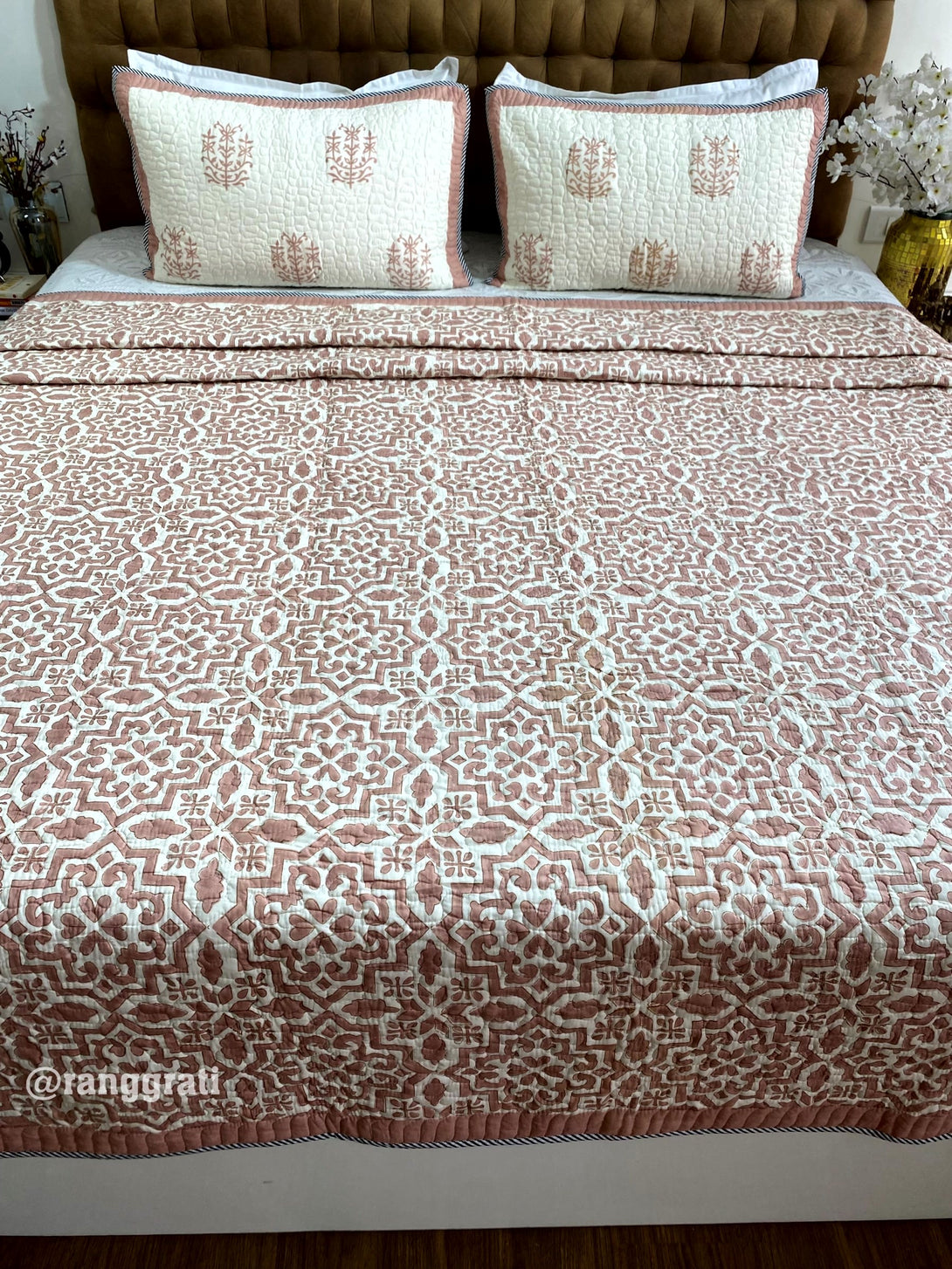 Super King Size Peach Geometric Quilted Bedcover 