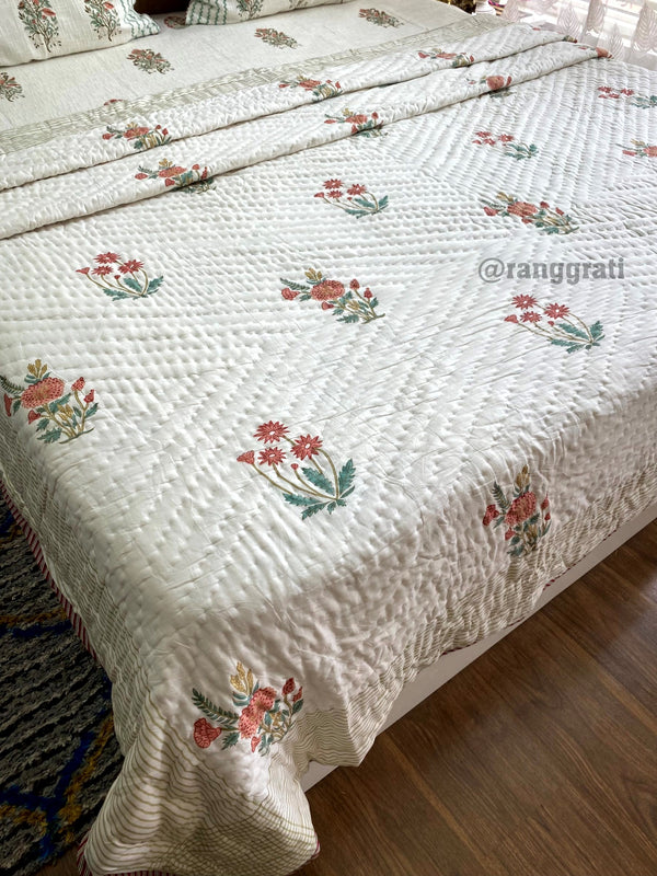 Peach Orange Daisy Floral Double King Razai / Quilt Cotton Hand Block Jaipuri