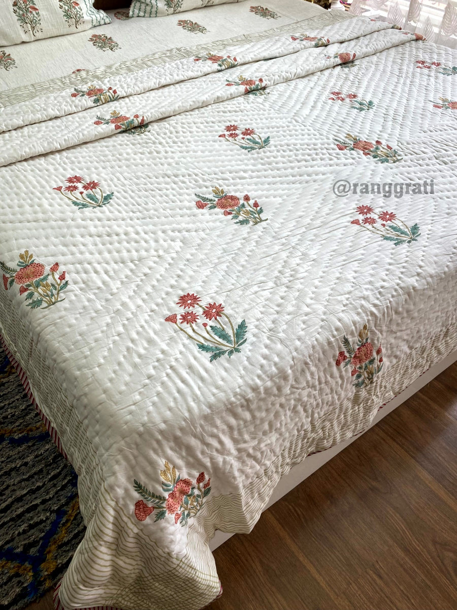 Peach Orange daisy Floral Double Razai / Quilt Cotton Hand Block Jaipuri