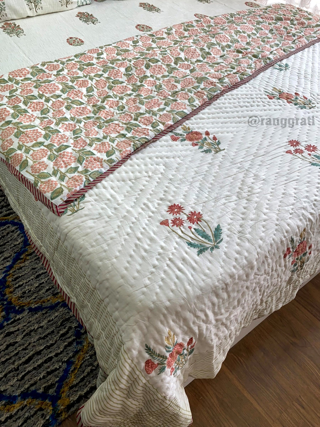 Reversible Peach Orange Daisy Floral Double King Razai / Quilt Cotton Hand Block Jaipuri