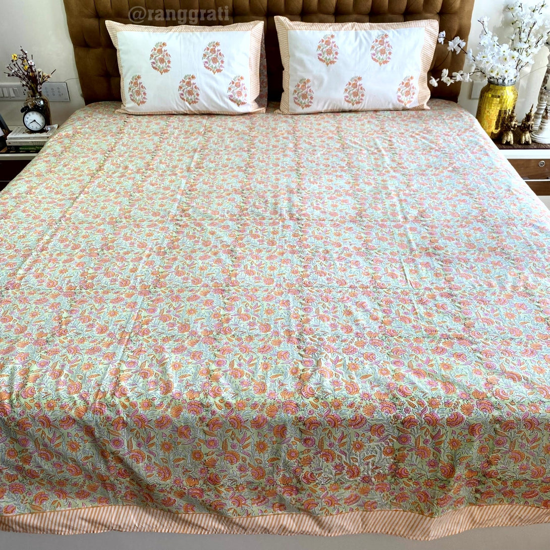 Peach Orange Floral Super King Size 250 TC Bedsheet Cotton Hand Block - Bedsheet