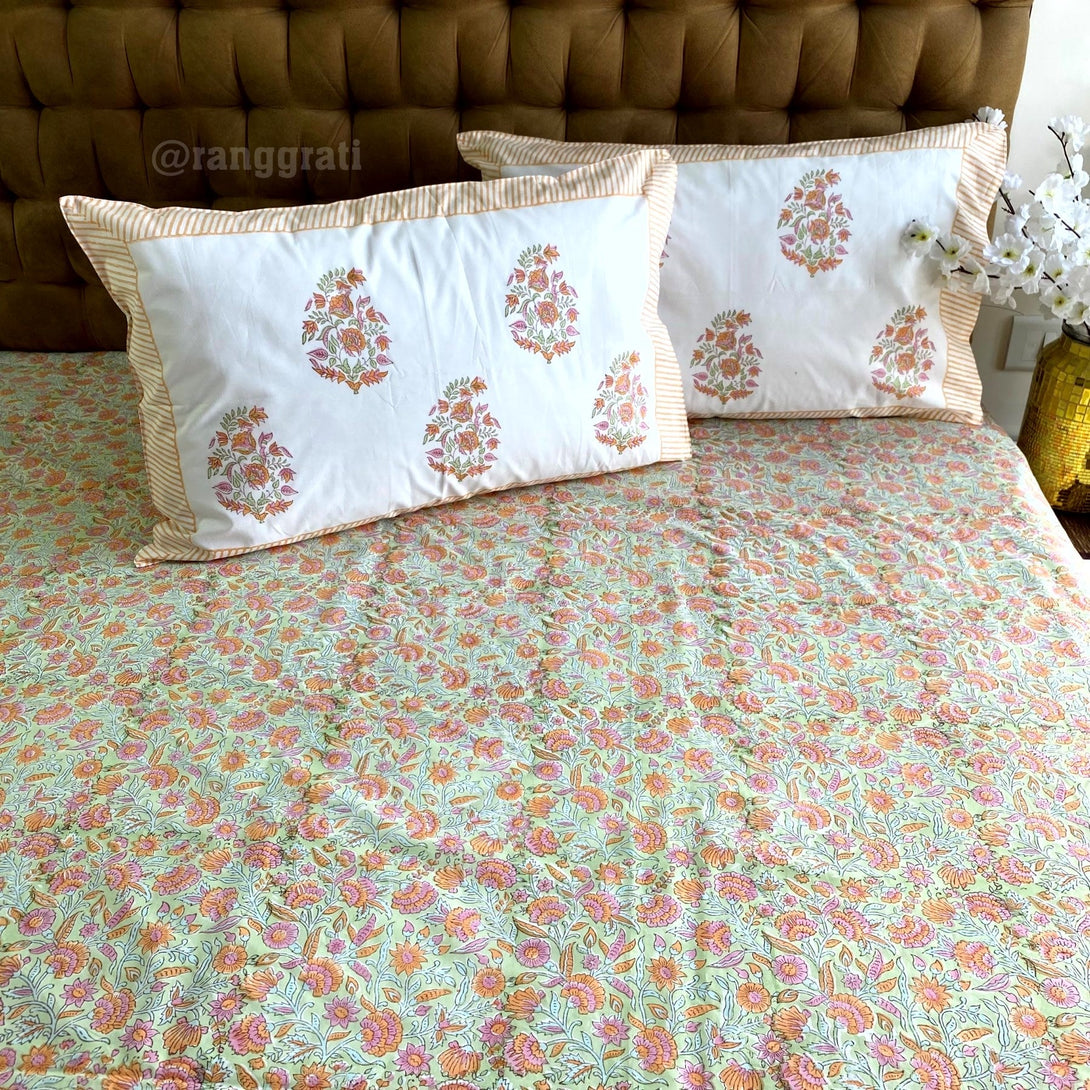 Peach Orange Floral Super King Size 250 TC Bedsheet Cotton Hand Block - Bedsheet
