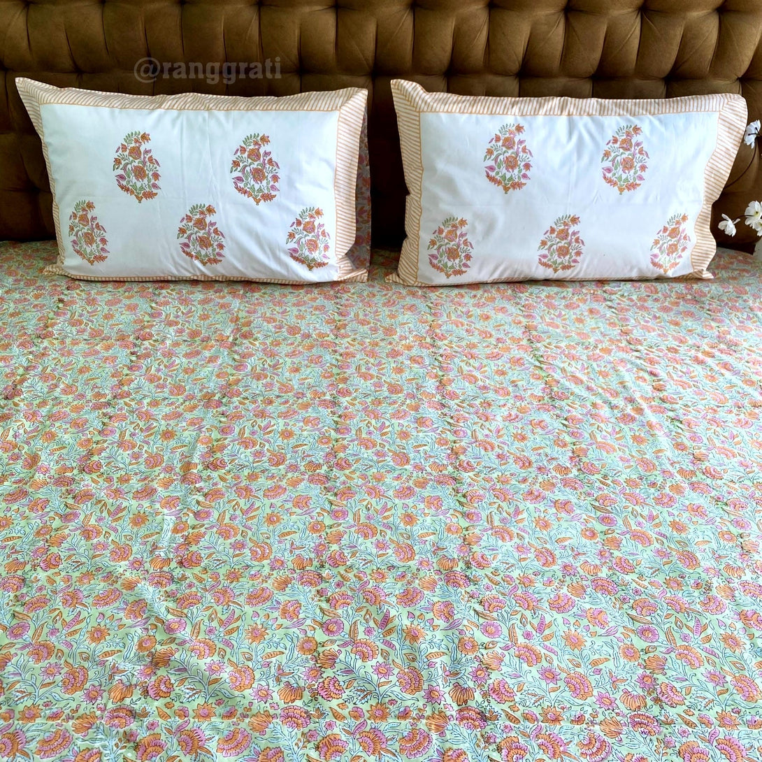 Peach Orange Floral Super King Size 250 TC Bedsheet Cotton Hand Block - Bedsheet