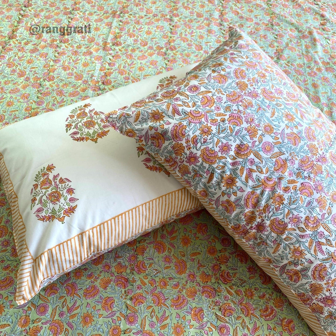 Peach Orange Floral Super King Size 250 TC Bedsheet Cotton Hand Block - Bedsheet