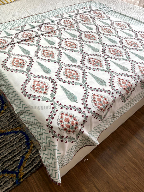 Peach Pink Floral Dohar For Single Bed In Mulmul Cotton