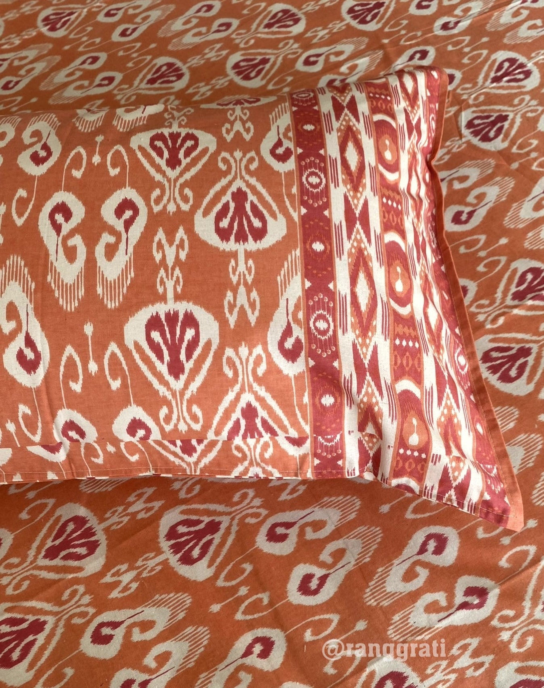 Peach Pink Ikat Jaipuri Cotton Bedsheet Super King Size - Bedsheet