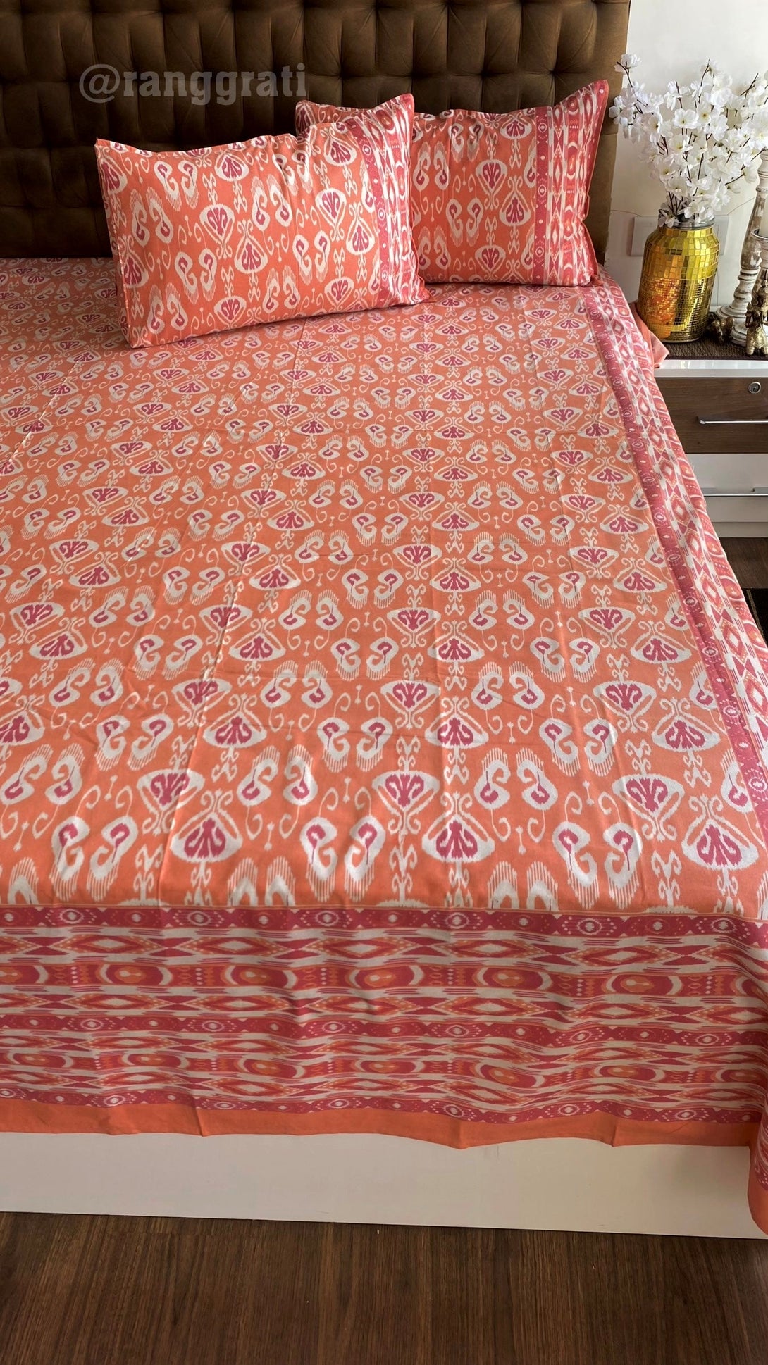 Peach Pink Ikat Jaipuri Cotton Bedsheet Super King Size - Bedsheet
