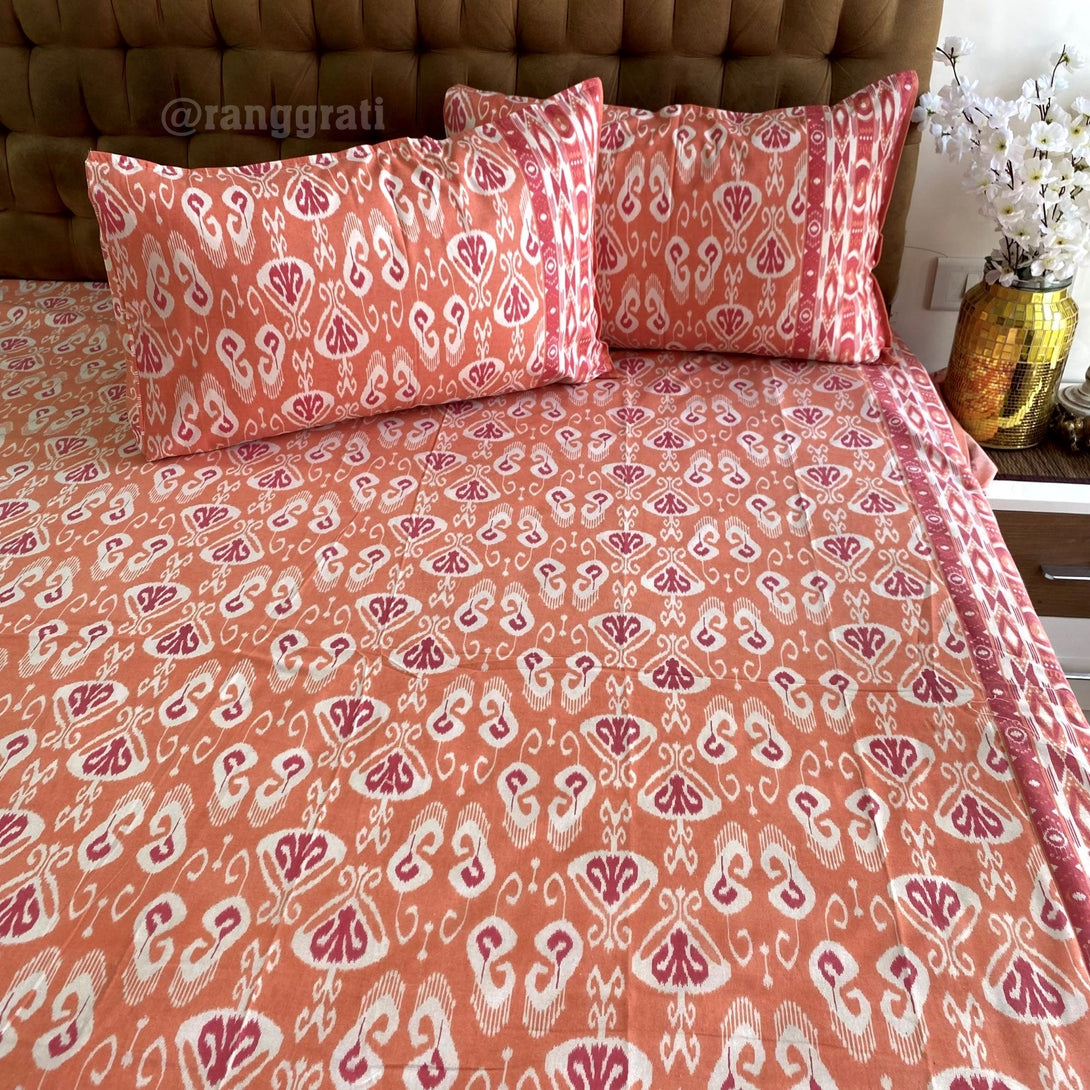 Peach Pink Ikat Jaipuri Cotton Bedsheet Super King Size - Bedsheet