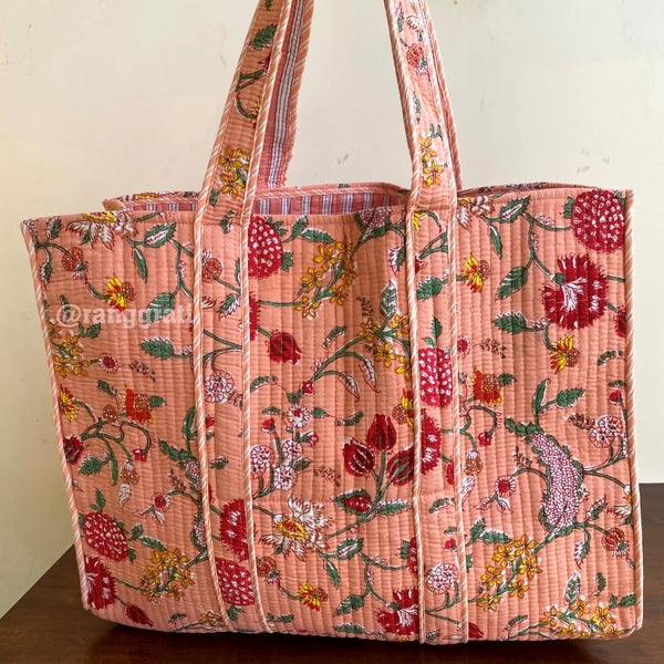 Peach Tote Bag Quilted Hand Block Printed Cotton Without Zip - Tote Bag