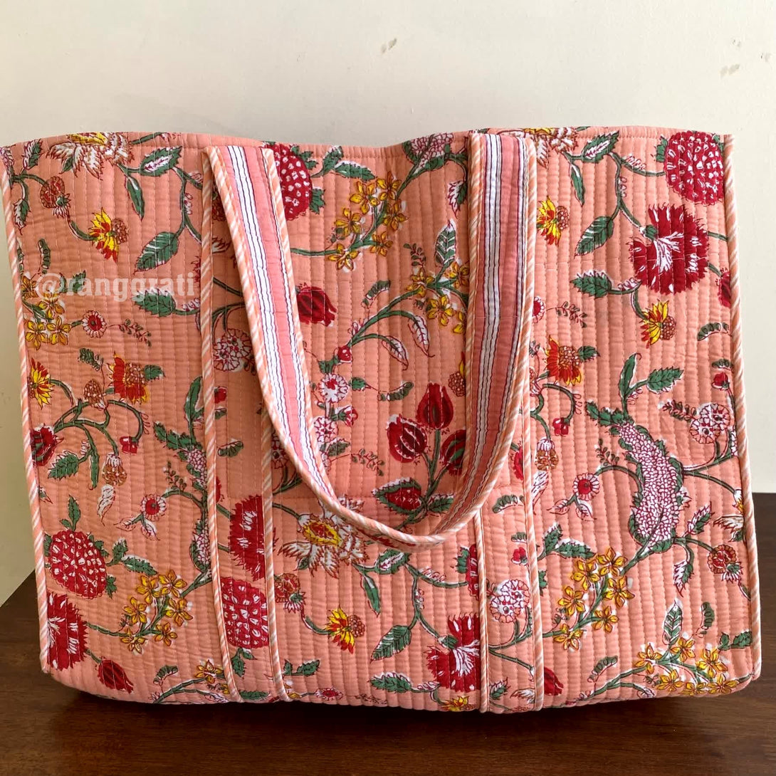 Peach Tote Bag Quilted Hand Block Printed Cotton Without Zip - Tote Bag