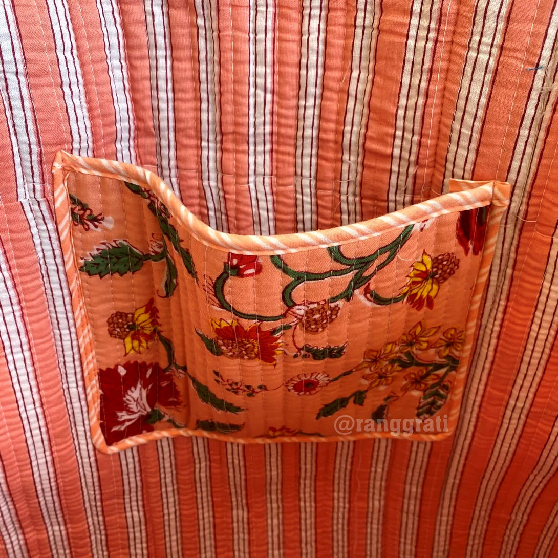 Peach Tote Bag Quilted Hand Block Printed Cotton Without Zip - Tote Bag
