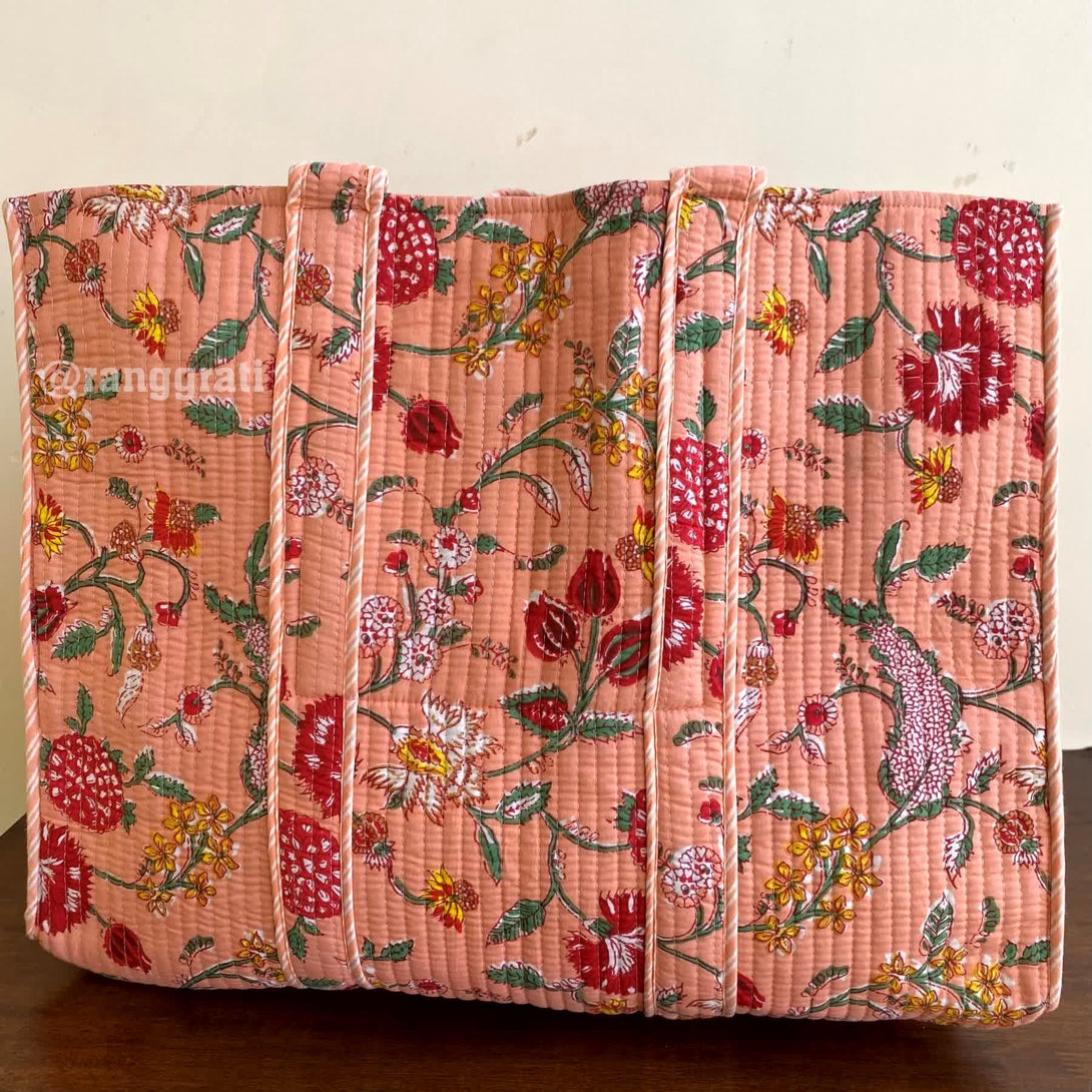 Peach Tote Bag Quilted Hand Block Printed Cotton Without Zip - Tote Bag