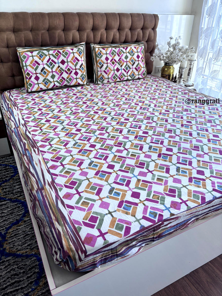 Pink Geometric Cotton Elastic Fitted Bedsheet King Size