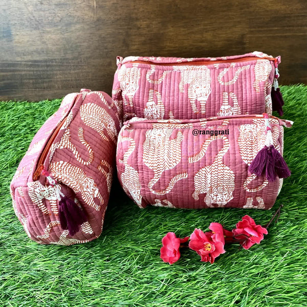 Pink Animal Quilted Travel Pouch Hand Block Set of 3 - Pouch