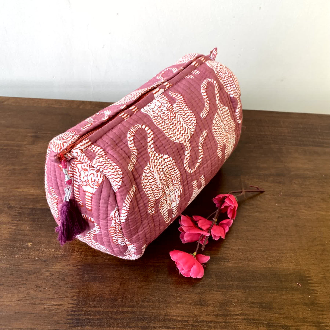 Pink Animal Quilted Travel Pouch Hand Block Set of 3 - Pouch