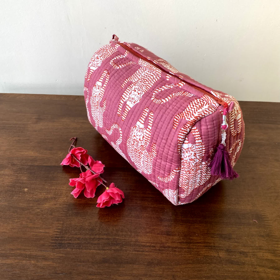 Pink Animal Quilted Travel Pouch Hand Block Set of 3 - Pouch