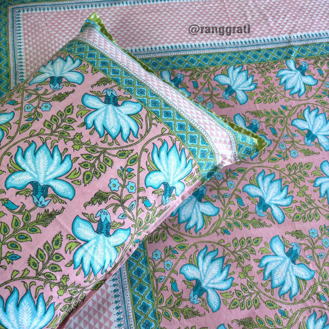 Pink Aqua Floral Jaipuri Cotton Bedsheet King Size - Bedsheet