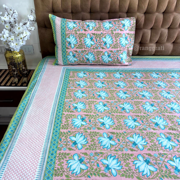 Pink Aqua Floral Jaipuri Cotton Bedsheet King Size - Bedsheet