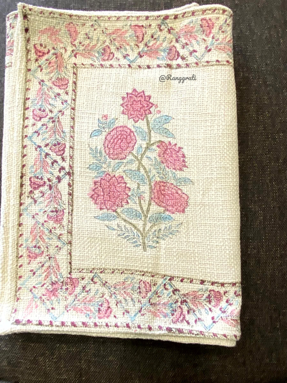 Pink Blue Floral Jute Cotton Table Runner For 6 Seater Dining Table - Table Runner