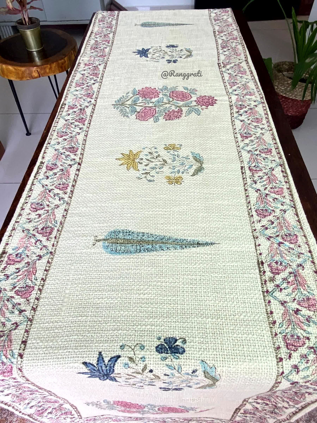 Pink Blue Floral Jute Cotton Table Runner For 6 Seater Dining Table - Table Runner