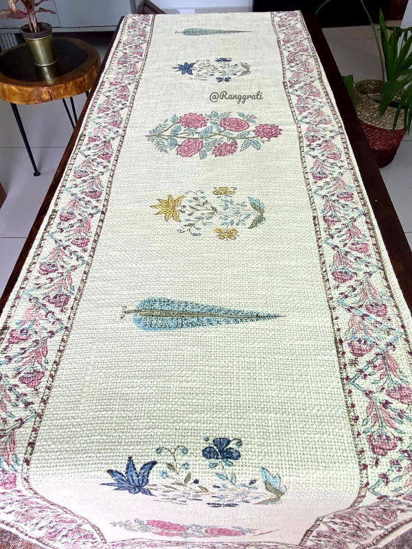 Pink Blue Floral Jute Cotton Table Runner For 6 Seater Dining Table - Table Runner