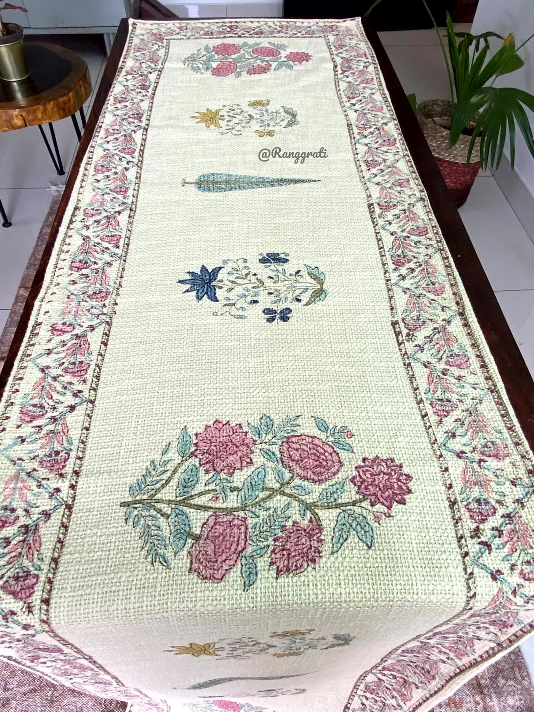 Pink Blue Floral Jute Cotton Table Runner For 6 Seater Dining Table - Table Runner