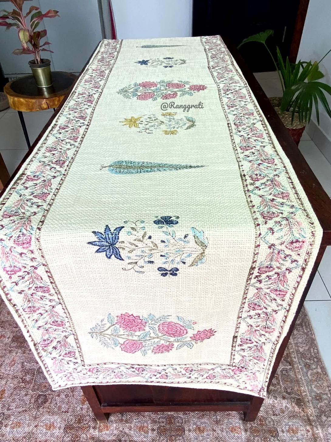 Pink Blue Floral Jute Cotton Table Runner For 6 Seater Dining Table - Table Runner