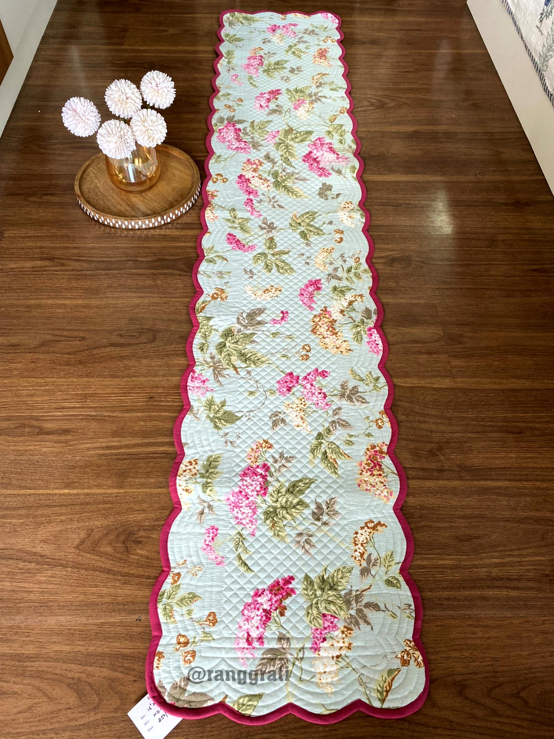 Pink Brown Floral Quilted Table Runner For 6 Seater Dining Table