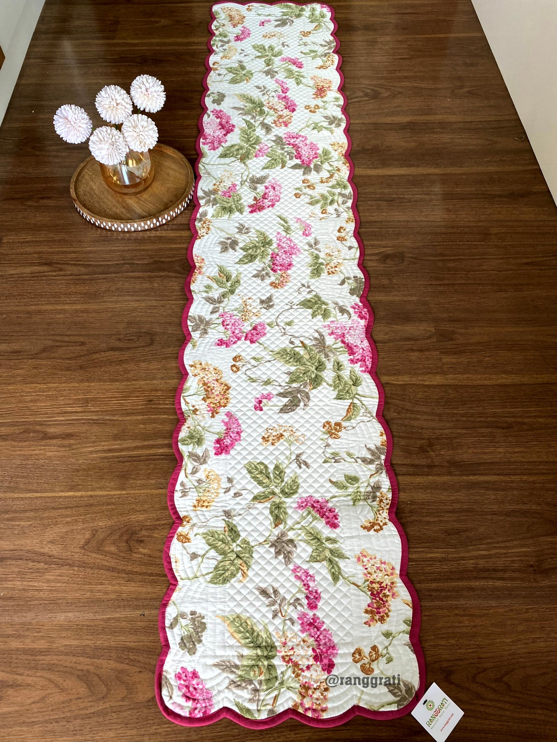 Pink Brown Floral Quilted Table Runner For 6 Seater 