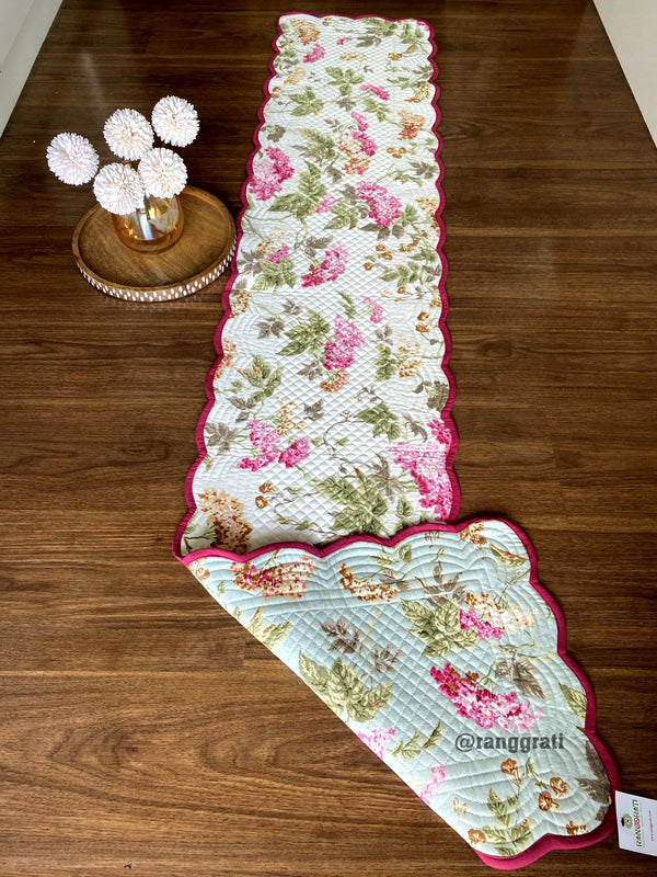 Pink Brown Floral Quilted Table Runner For 6 Seater Dining Table Reversible