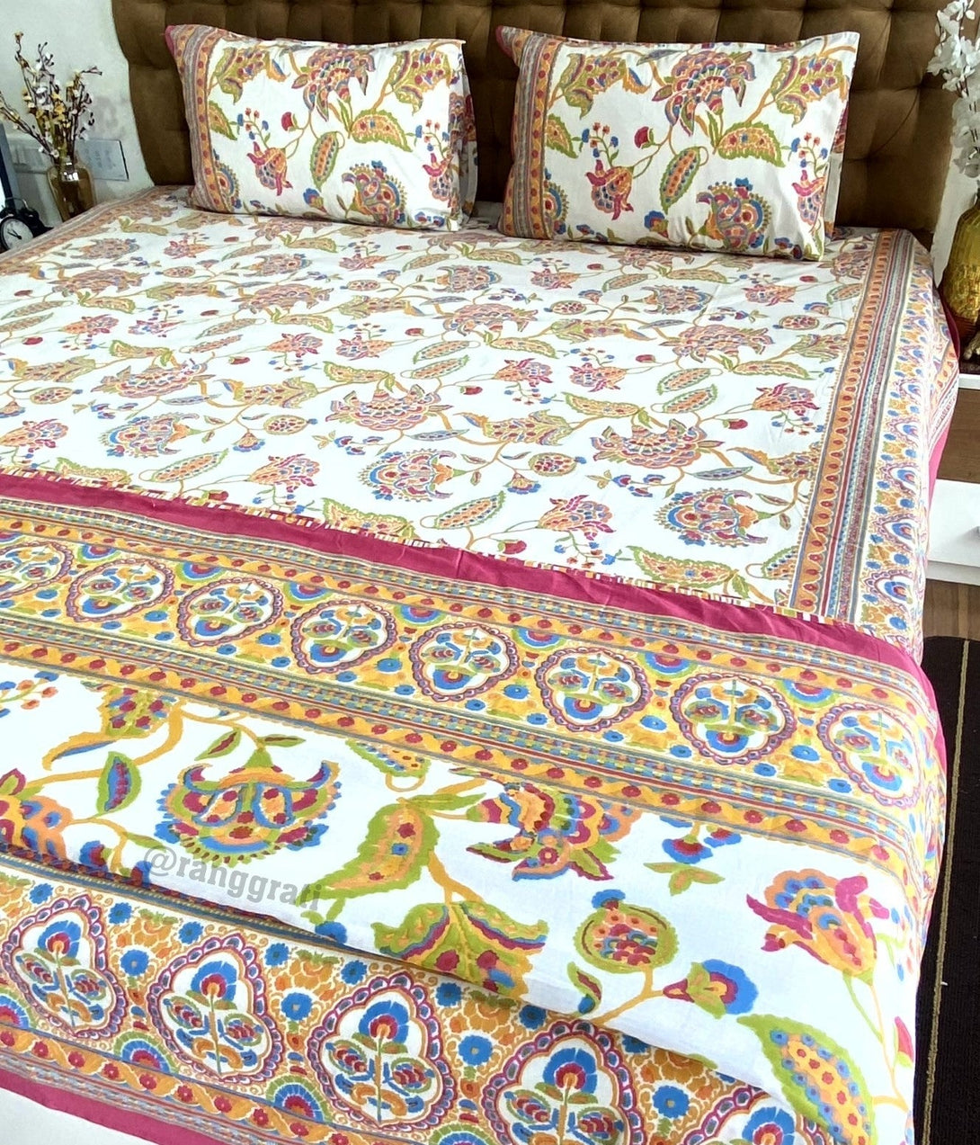 Pink Color Floral Bedsheet With Dohar Bedding Set - Bedding Set