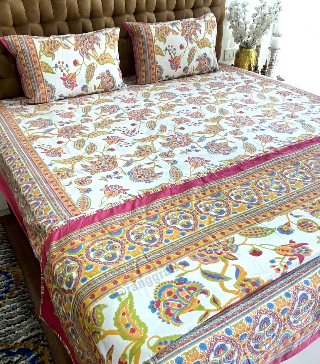 Pink Color Floral Bedsheet With Dohar Bedding Set - Bedding Set