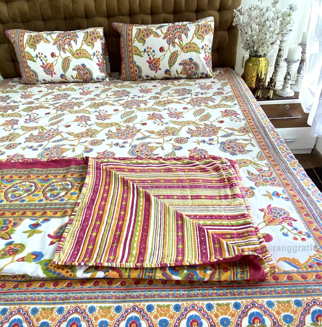 Pink Color Floral Bedsheet With Dohar Bedding Set - Bedding Set