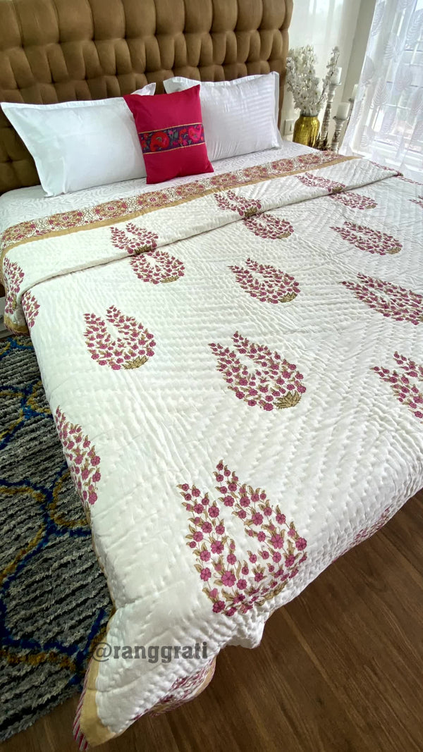 Pink Cosmos Floral Double King Razai / Quilt Cotton Hand Block Jaipuri