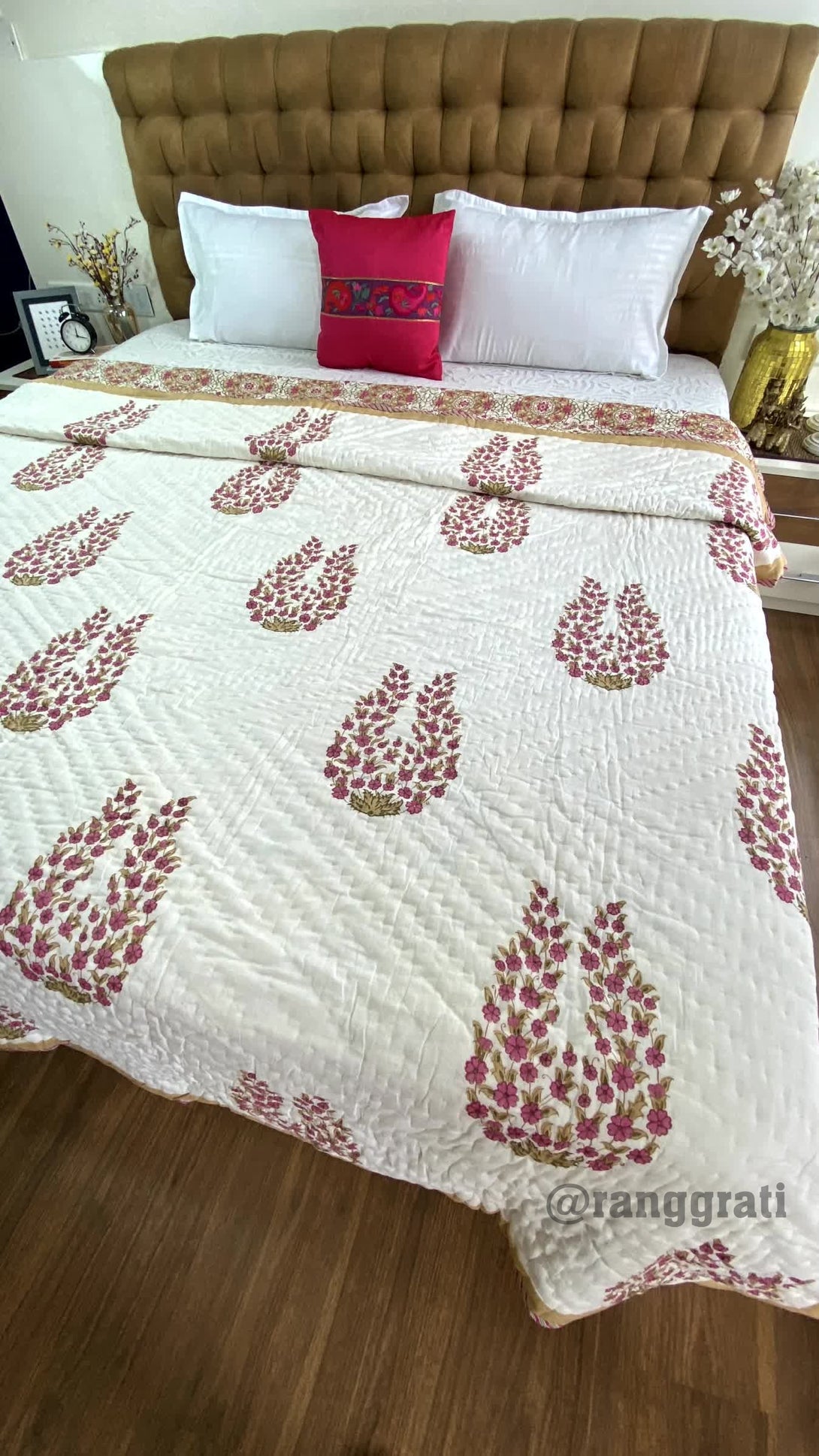 King Size Pink Cosmos Floral Double  Razai / Quilt Cotton Hand Block Jaipuri