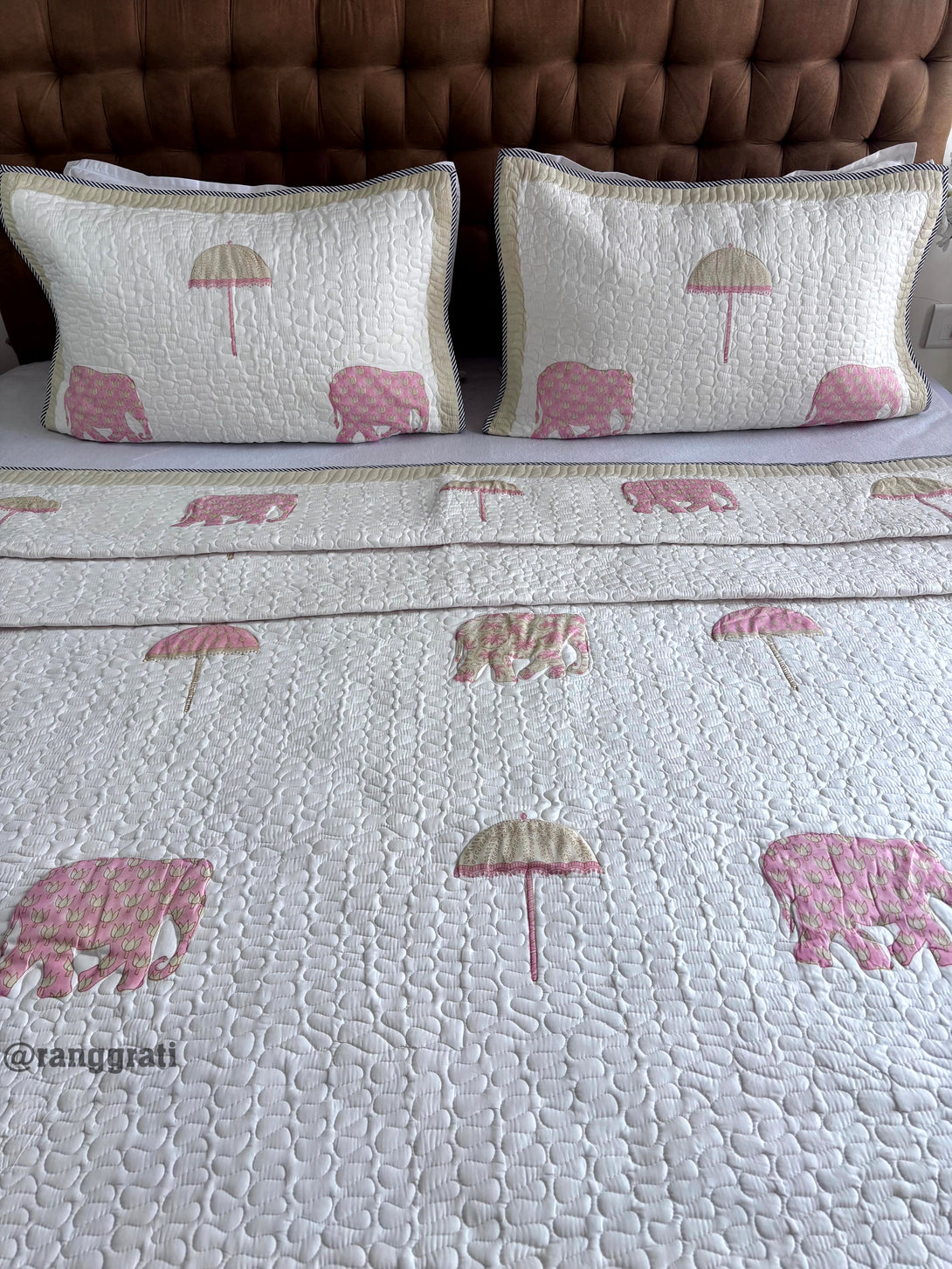 Pink Elephant Mulmul Voile Quilted Bedcover 90 X 108