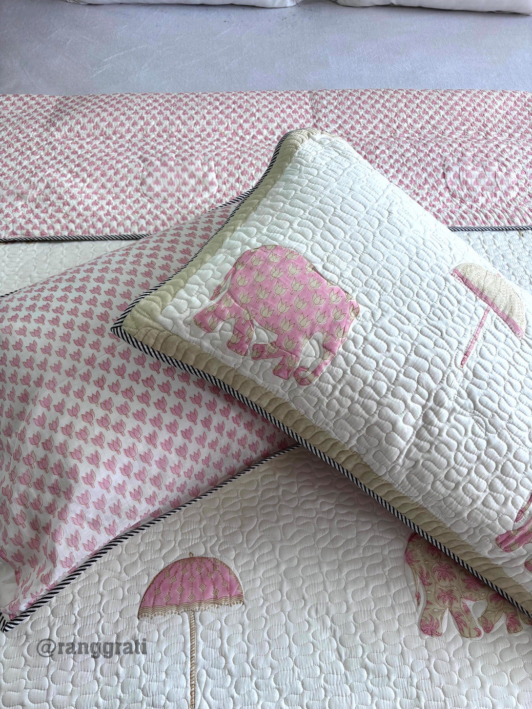 Pink Elephant Mulmul Voile Quilted Bedcover 90 X 108 With Pillow Cover