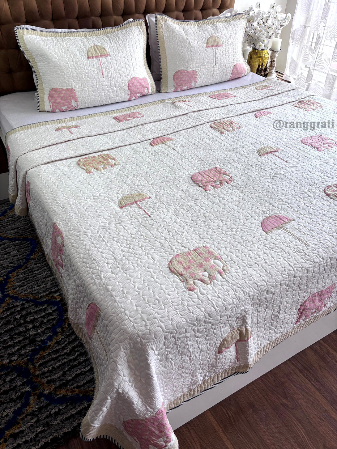 Pink Elephant Mulmul Voile Quilted Bedcover King Size