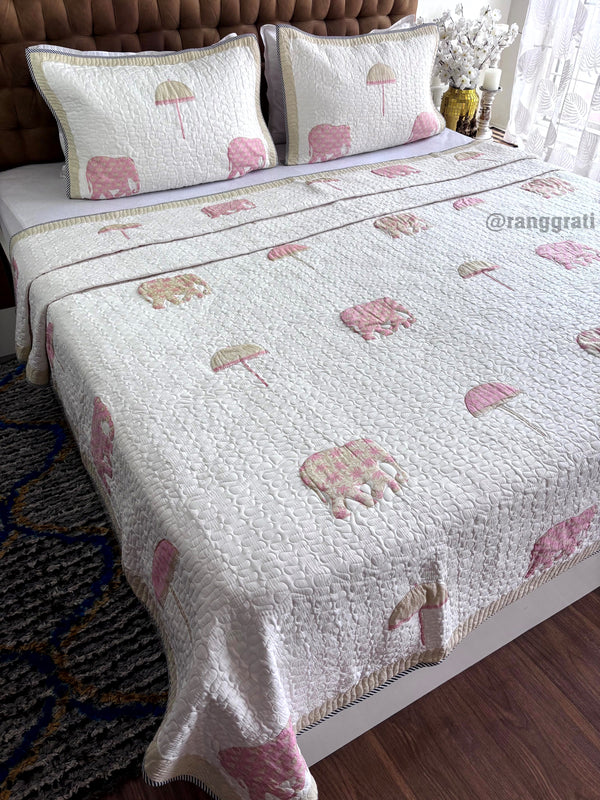 Pink Elephant Mulmul Voile Quilted Bedcover King Size