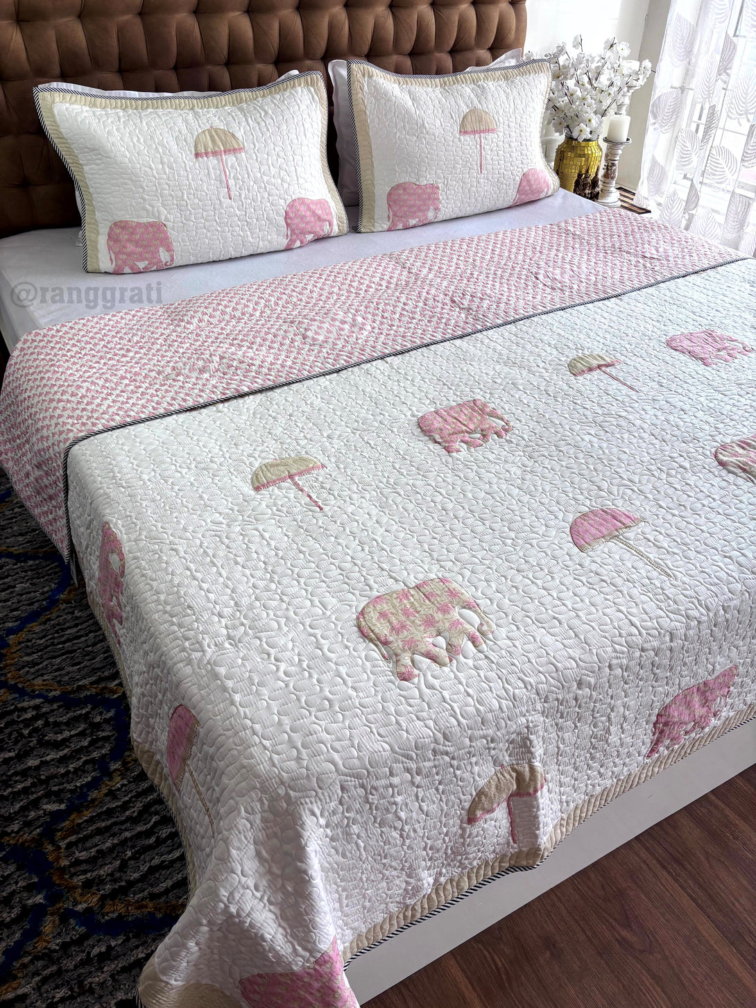 Pink Elephant Mulmul Voile Quilted Bedcover 90 X 108 Reversible