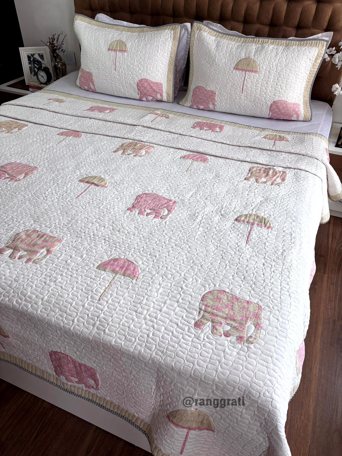 King Size Pink Elephant Mulmul Voile Quilted Bedcover 