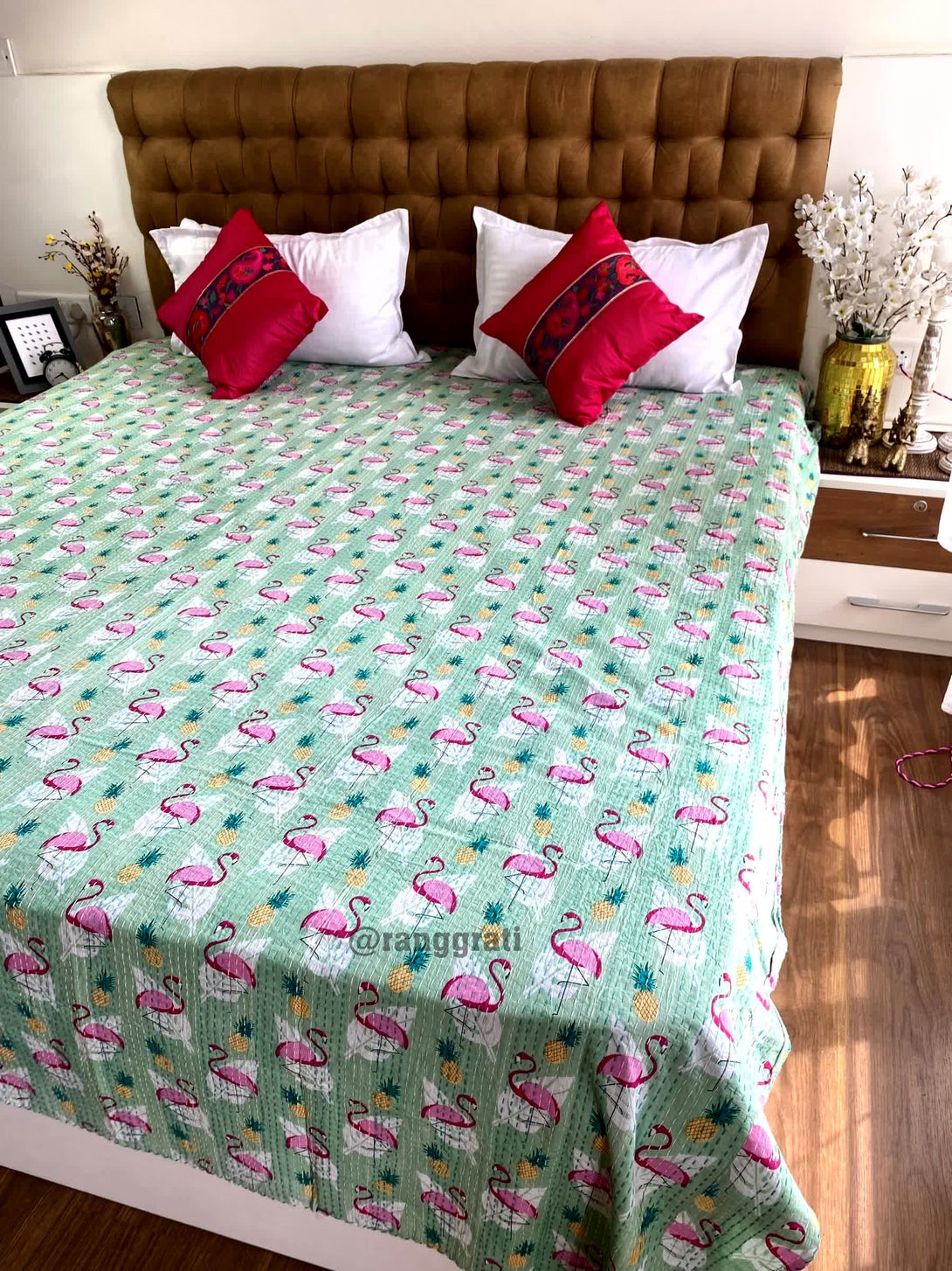 Pink Flamingo Kantha Bedcover For Double Bed King Size - Bedcover