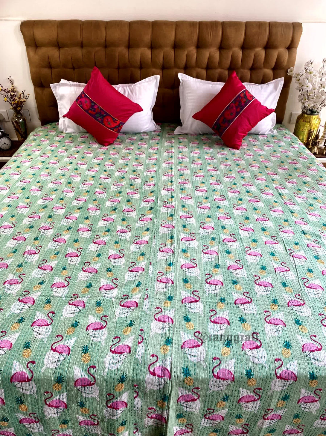 Pink Flamingo Kantha Bedcover For Double Bed King Size - Bedcover