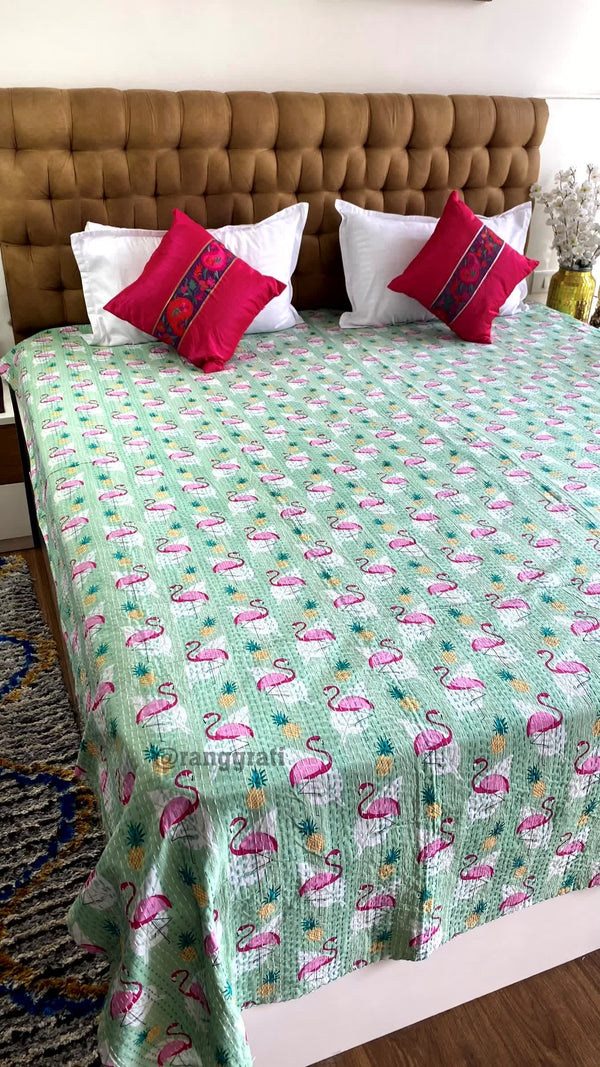 Pink Flamingo Kantha Bedcover For Double Bed King Size - Bedcover