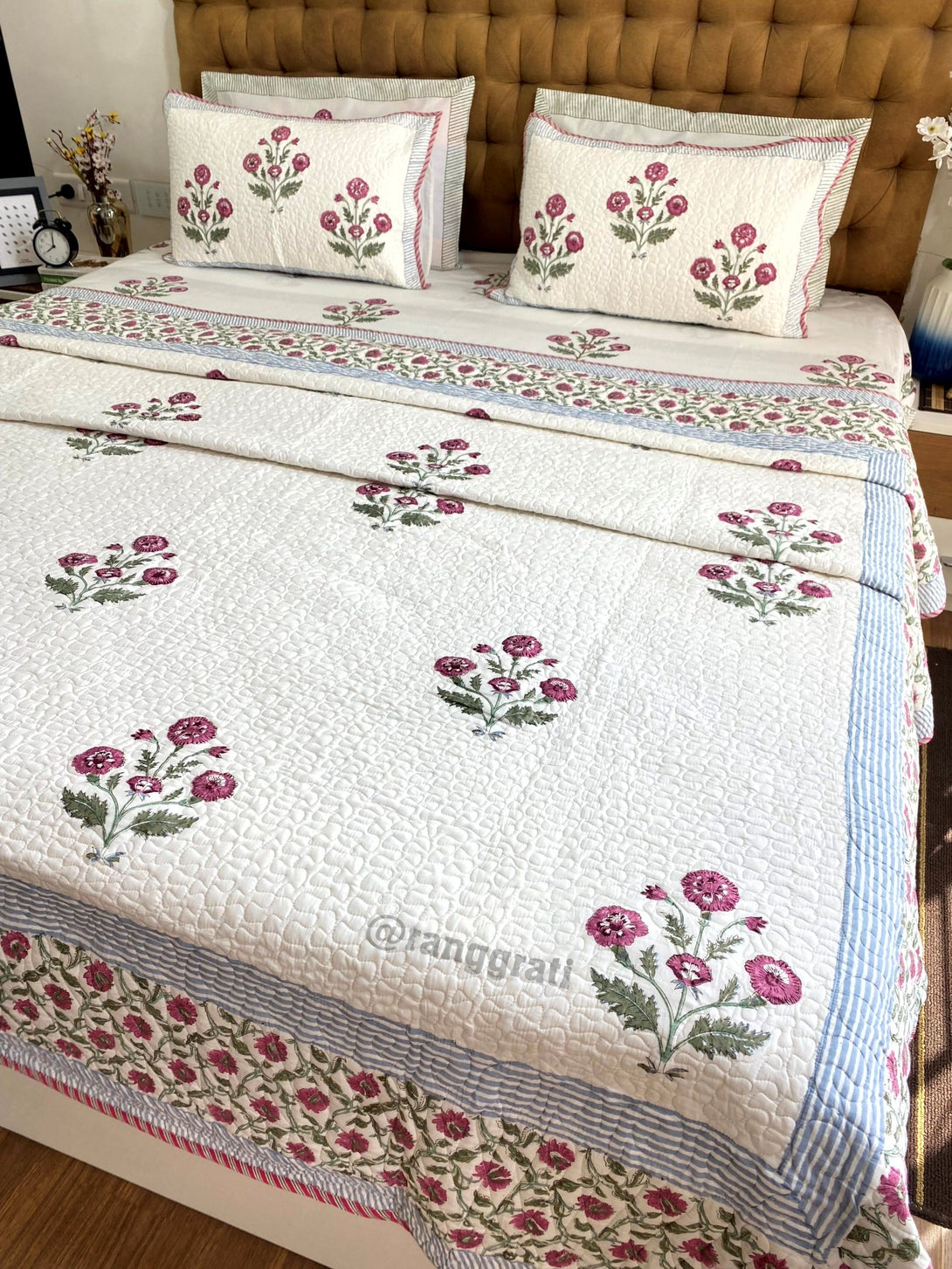 Pink Floral Bedsheet With Matching Quilted Bedcover Set - Bedding Set