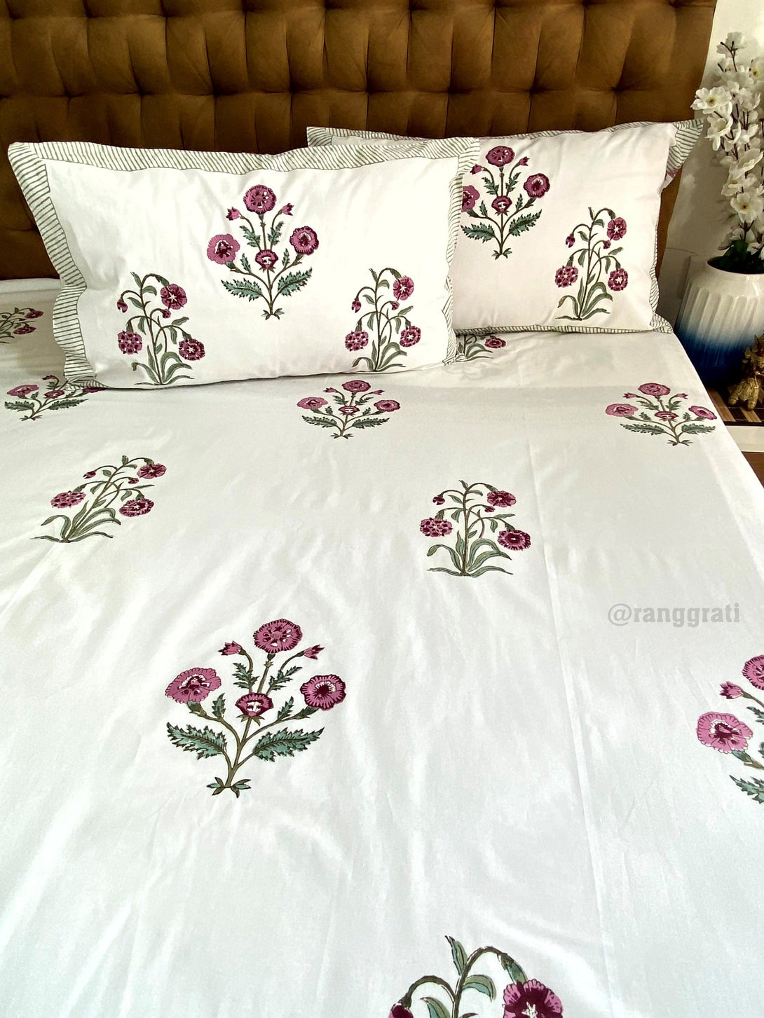 Pink Floral Bedsheet With Matching Quilted Bedcover Set - Bedding Set
