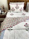 Pink Floral Bedsheet With Matching Quilted Bedcover Set - Bedding Set